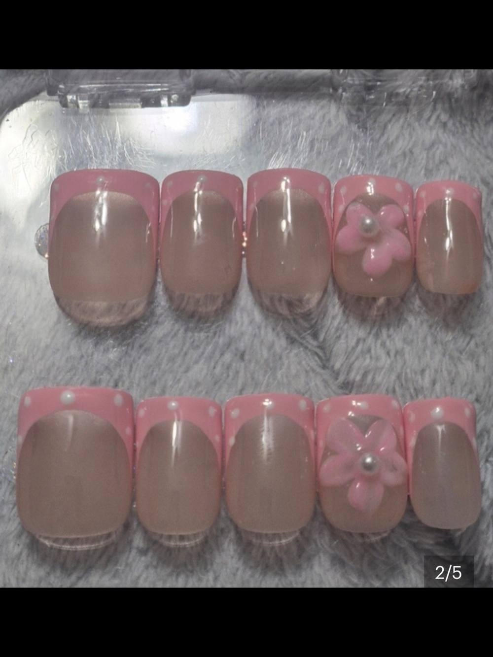 Hand Crafted Pink Floral French Tip Press-On Nails with Pearls